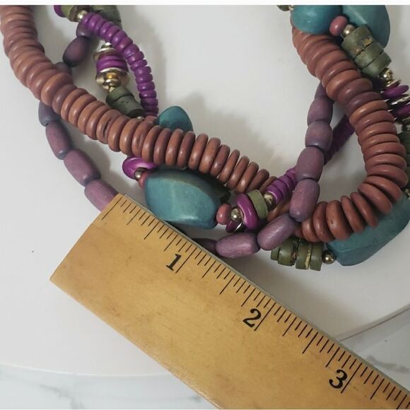 TWISTED WOODED BEAD Multi-Strand Necklace Muted Jewel Tones - Picture 8 of 9